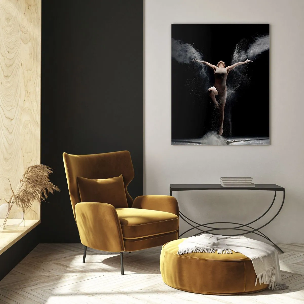 Cuadro sobre vidrio - Impresiones sobre Vidrio - Una bailarina entre nubes de polvo sobre un fondo negro. - 50x70cm - Los duendes existen - Decoración de pared moderna para salón y dormitorio ARTTOR