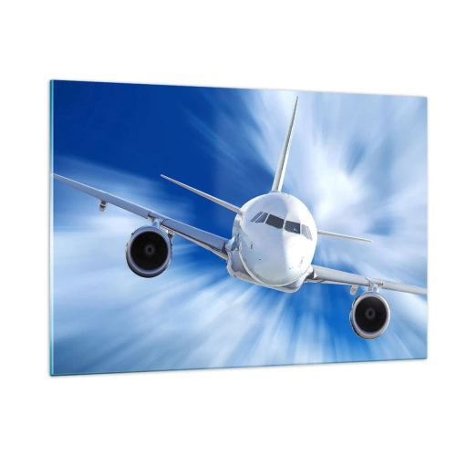 Cuadro sobre vidrio - Impresiones sobre Vidrio - Un avión de pasajeros contra un cielo azul dinámico. - 120x80cm - Más rápido que el viento en el cielo - Decoración de pared moderna para salón y dormitorio ARTTOR