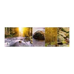 Muestra de fotomural Premium Sand - Malaquita en un marco de plata y oro - Paisaje, Arroyo de montaña, Bosque - 100x30 cm