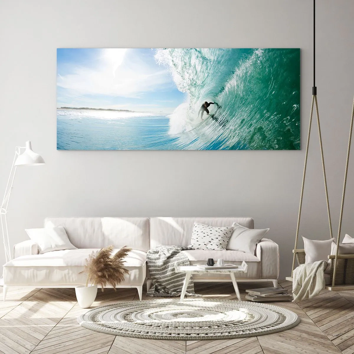 Cuadro sobre vidrio - Impresiones sobre Vidrio - Un surfista montando una ola bajo la luz del sol contra un cielo azul. - 120x50cm - Siempre en la ola - Decoración de pared moderna para salón y dormitorio ARTTOR