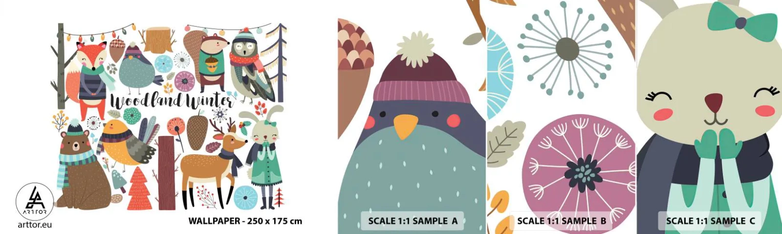 Muestra de fotomural autoadhesivo Deluxe Sticker - Una Navidad de cuento en el bosque - Para niños, invierno en el bosque, animales - 100x30 cm