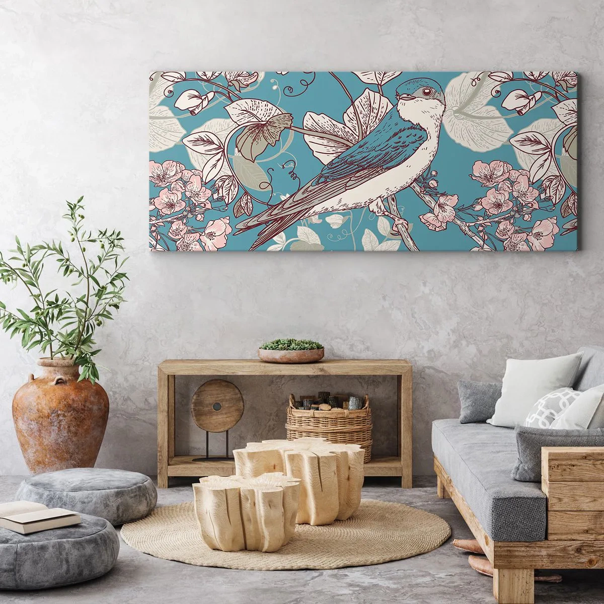 Cuadro sobre lienzo - Impresión de Imagen - Un pájaro en una rama en un delicado estilo floral. - 120x50cm - En el cerezo - Decoración de pared moderna para salón y dormitorio ARTTOR