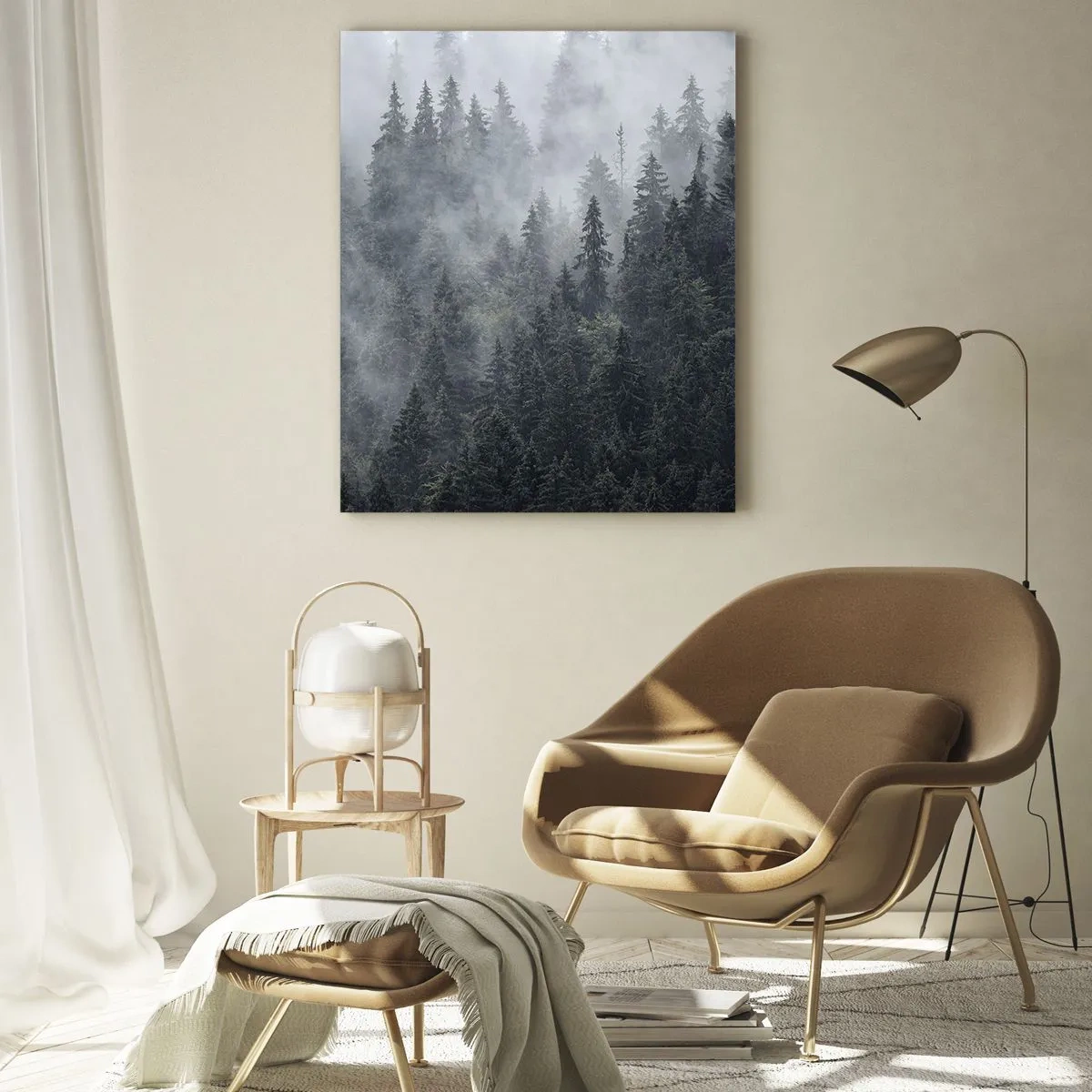Cuadro sobre vidrio - Impresiones sobre Vidrio - Bosque de coníferas brumoso en tonos grises y verdes. - 70x100cm - Amanecer en el bosque - Decoración de pared moderna para salón y dormitorio ARTTOR