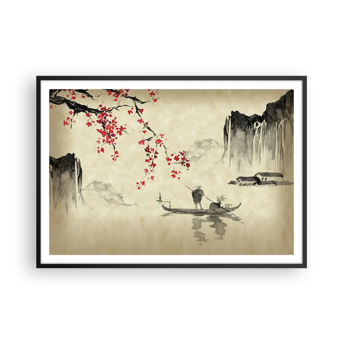 Póster en marco negro - Ilustración oriental con un barco y una rama floreciente. - 100x70cm - En el país de los cerezos en flor - Decoración de pared moderna para salón y dormitorio ARTTOR