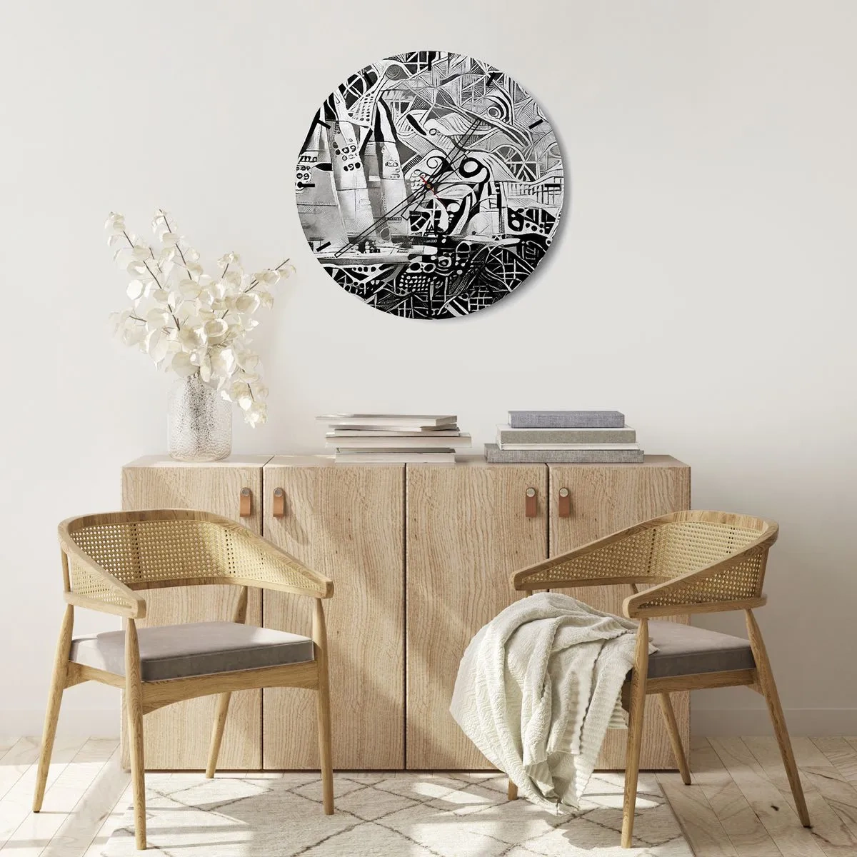Reloj de pared - Reloj de vidrio - Ondas abstractas en blanco y negro con elementos geométricos - 30x30cm - Entre las olas - Decoración de pared moderna para salón, cocina y dormitorio ARTTOR