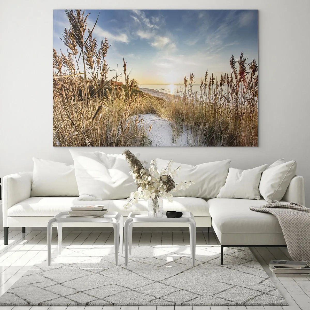 Cuadro sobre vidrio - Impresiones sobre Vidrio - Puesta de sol sobre una playa con dunas cubiertas de hierba - 70x50cm - Playa del norte - Decoración de pared moderna para salón y dormitorio ARTTOR