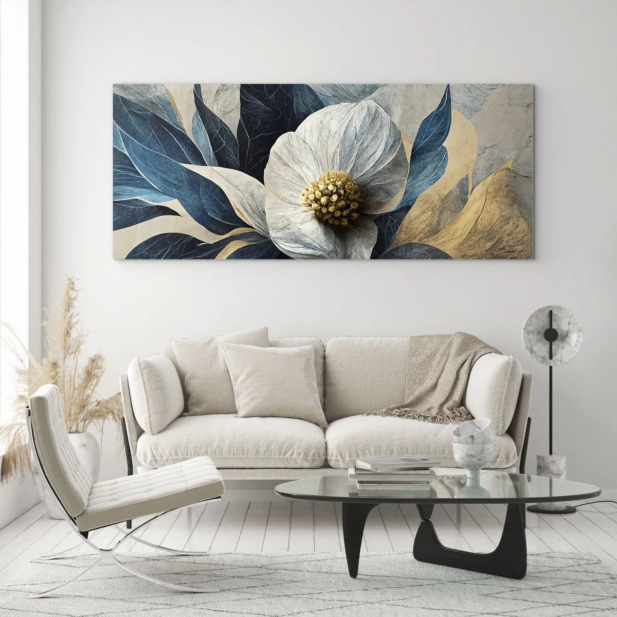 Cuadro sobre vidrio - Impresiones sobre Vidrio - Una flor con hojas azules sobre un fondo elegante. - 160x50cm - Con un corazón de oro - Decoración de pared moderna para salón y dormitorio ARTTOR