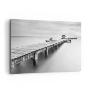Cuadro sobre lienzo - Impresión de Imagen - Una vista en blanco y negro de un muelle de madera sobre aguas tranquilas. - 100x70cm - Lejos - Decoración de pared moderna para salón y dormitorio ARTTOR
