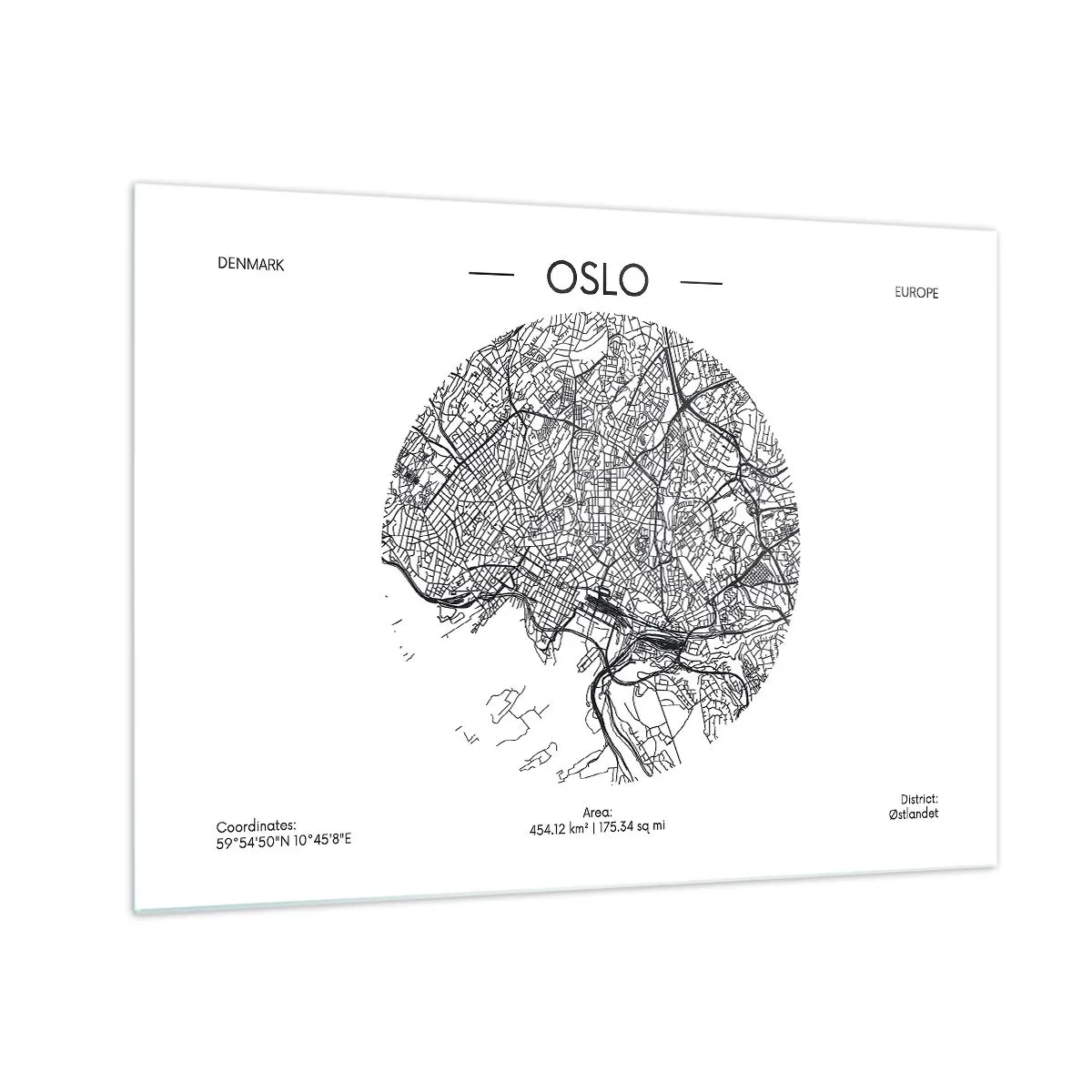 Cuadro sobre vidrio - Impresiones sobre Vidrio - Mapa de la ciudad de Oslo en estilo gráfico en blanco y negro - 70x50cm - Anatomía de Oslo - Decoración de pared moderna para salón y dormitorio ARTTOR
