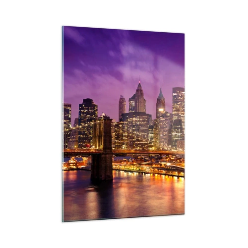 Cuadro sobre vidrio - Impresiones sobre Vidrio - Vista nocturna de Nueva York con el puente de Brooklyn - 50x70cm - Manhattan púrpura y dorado - Decoración de pared moderna para salón y dormitorio ARTTOR