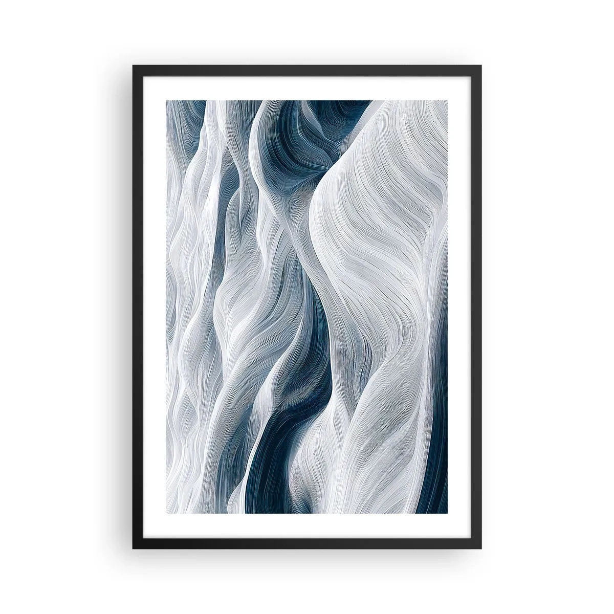 Póster en marco negro - Ondas abstractas en tonos blanco y azul marino - 50x70cm - Olas blancas y azules - Decoración de pared moderna para salón y dormitorio ARTTOR