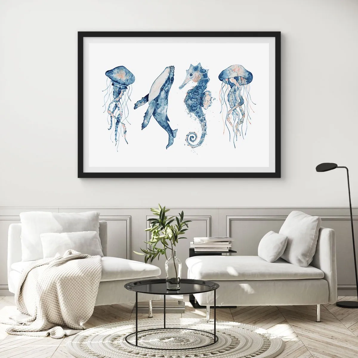 Póster en marco negro - Medusa, ballena y caballito de mar en estilo acuarela. - 70x50cm - Fauna marina - Decoración de pared moderna para salón y dormitorio ARTTOR