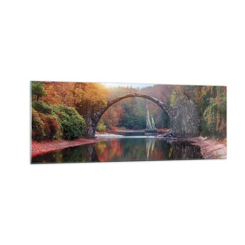 Cuadro sobre vidrio - Impresiones sobre Vidrio - Un puente de piedra en un paisaje otoñal sobre aguas tranquilas. - 140x50cm - Al otro lado del espejo - Decoración de pared moderna para salón y dormitorio ARTTOR