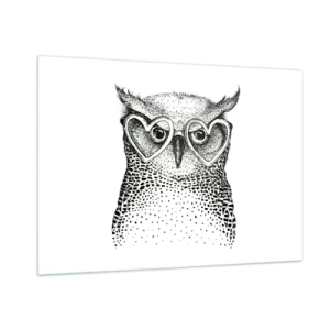 Cuadro sobre vidrio - Impresiones sobre Vidrio - Ilustración de un búho con gafas en forma de corazón - 100x70cm - Con sabiduría y amor - Decoración de pared moderna para salón y dormitorio ARTTOR