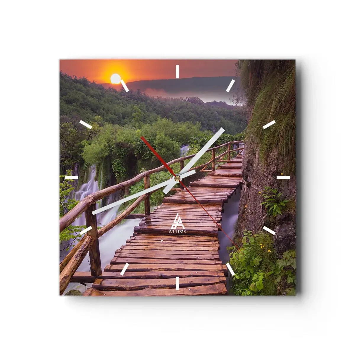 Reloj de pared - Reloj de vidrio - Un puente con vistas a las cataratas al atardecer. - 30x30cm - Una belleza inimaginable - Decoración de pared moderna para salón y dormitorio ARTTOR