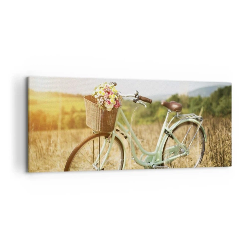 Cuadro sobre lienzo - Impresión de Imagen - Una bicicleta retro con una cesta llena de flores sobre un fondo de pradera. - 120x50cm - Me quedaré aquí un tiempo - Decoración de pared moderna para salón y dormitorio ARTTOR