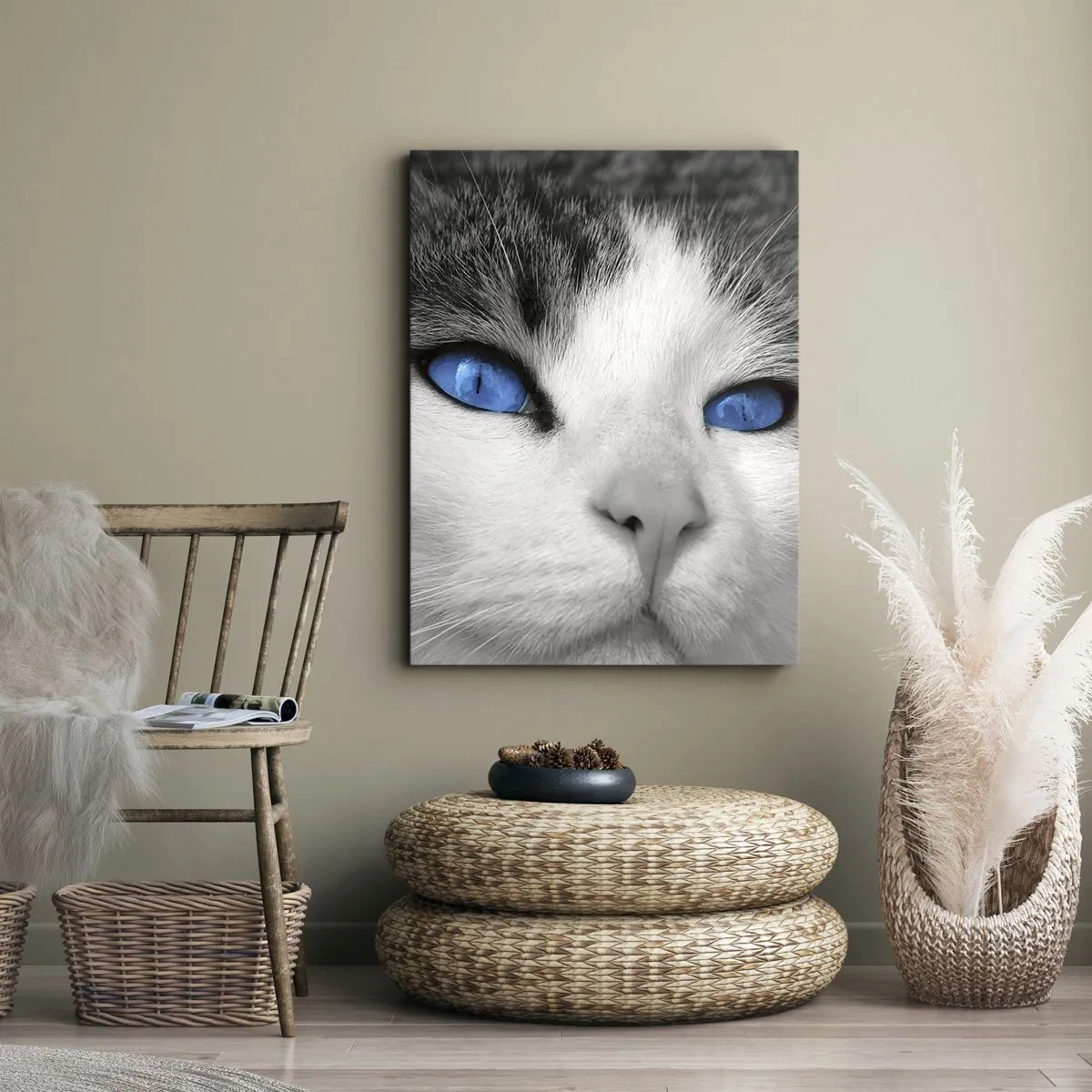 Cuadro sobre lienzo - Impresión de Imagen - Retrato de un gato con ojos azules en estilo blanco y negro. - 50x70cm - Inusual de ojos azules - Decoración de pared moderna para salón y dormitorio ARTTOR