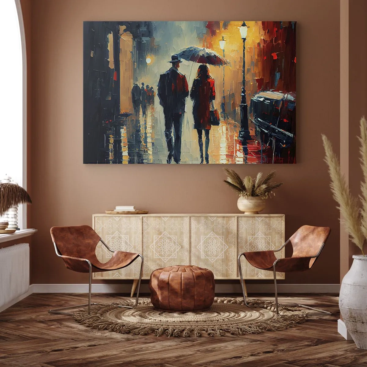 Cuadro sobre lienzo - Impresión de Imagen - Caminando bajo la lluvia bajo un paraguas en la ciudad por la noche. - 70x50cm - Historia de amor urbana - Decoración de pared moderna para salón y dormitorio ARTTOR