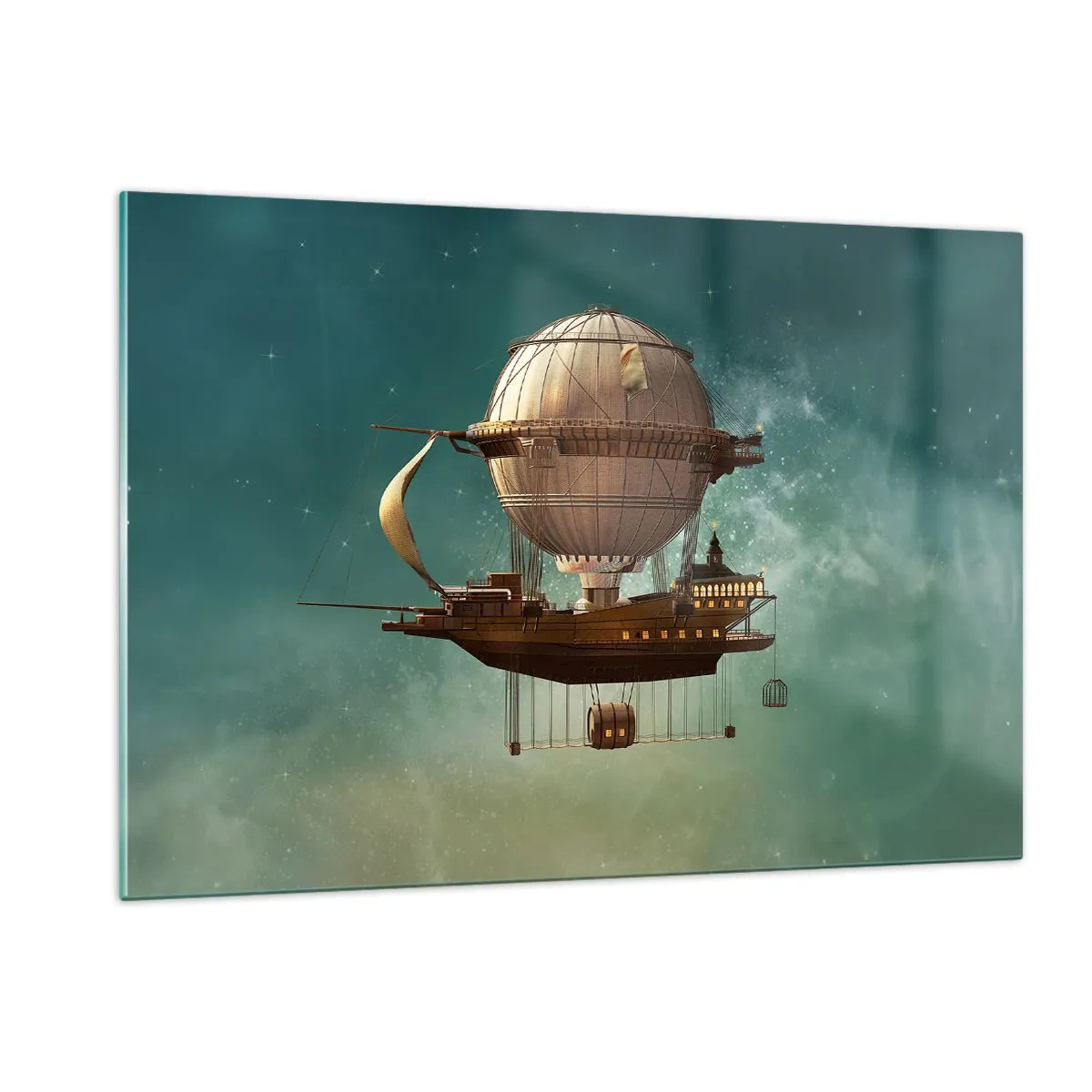 Cuadro sobre vidrio - Impresiones sobre Vidrio - Un dirigible volador con una casa de estilo retro en el cielo. - 120x80cm - Julio Verne saluda - Decoración de pared moderna para salón y dormitorio ARTTOR