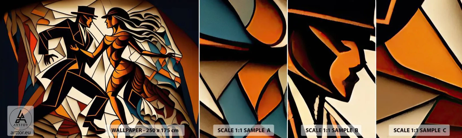 Muestra de fotomural autoadhesivo Deluxe Sticker - Danza de pasión - Cubismo, Bailar, Pareja - 100x30 cm