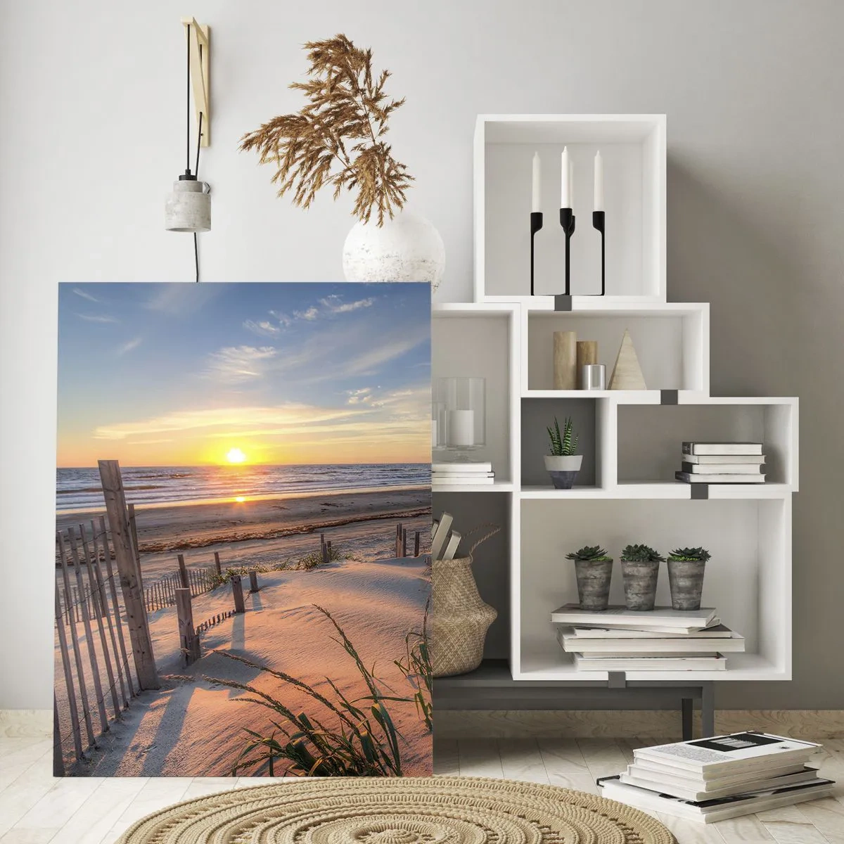 Cuadro sobre vidrio - Impresiones sobre Vidrio - Playa al atardecer con valla de madera - 70x100cm - El resplandor y la sombra del viento - Decoración de pared moderna para salón y dormitorio ARTTOR