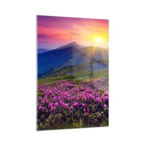 Cuadro sobre vidrio - Impresiones sobre Vidrio - Prados de flores en las montañas al amanecer - 50x70cm - ... Y el aroma a hierbas está por todas partes - Decoración de pared moderna para salón y dormitorio ARTTOR