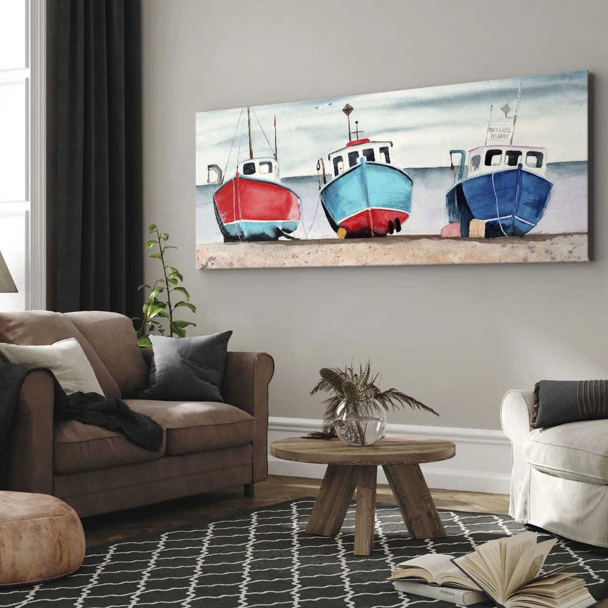 Cuadro sobre lienzo - Impresión de Imagen - Coloridos barcos de pesca en la orilla en un paisaje marino - 160x50cm - Listos para la pesca - Decoración de pared moderna para salón y dormitorio ARTTOR