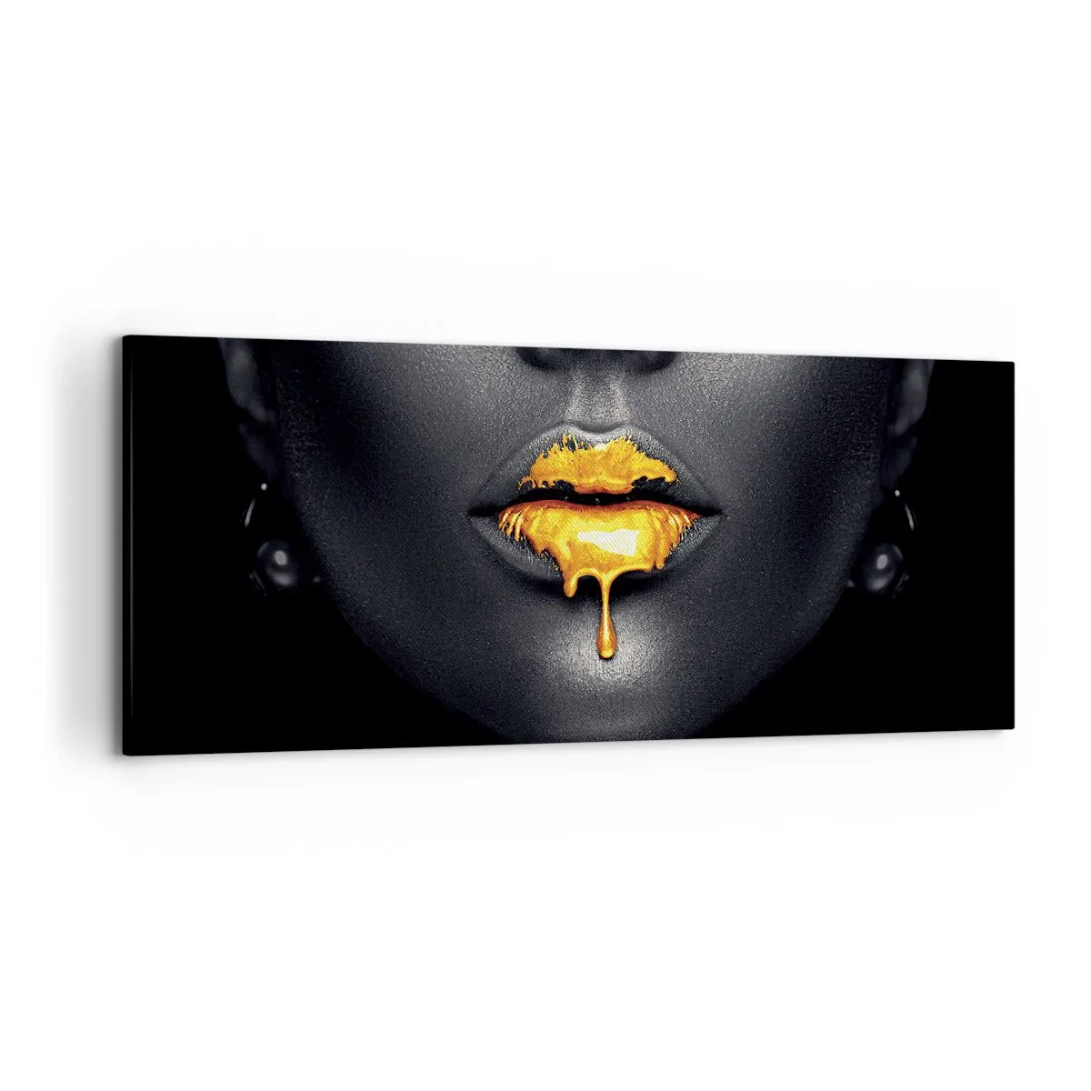Cuadro sobre lienzo - Impresión de Imagen - Retrato en negro y dorado de una mujer con una gota de oro en los labios. - 120x50cm - Labios de oro - Decoración de pared moderna para salón y dormitorio ARTTOR