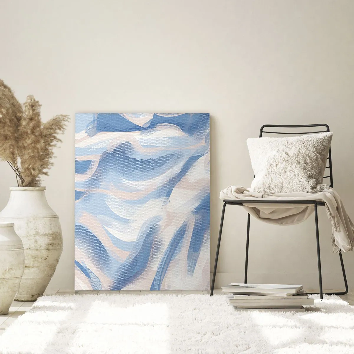 Cuadro sobre vidrio - Impresiones sobre Vidrio - Trazos abstractos en azul, blanco y beige en forma ondulada. - 50x70cm - Ondas azules - Decoración de pared moderna para salón y dormitorio ARTTOR