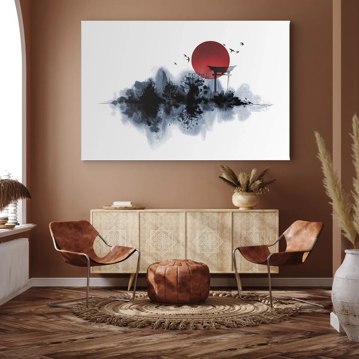 Cuadro sobre lienzo - Impresión de Imagen - Sol rojo sobre un paisaje pintoresco con torii - 120x80cm - Visión japonesa - Decoración de pared moderna para salón y dormitorio ARTTOR