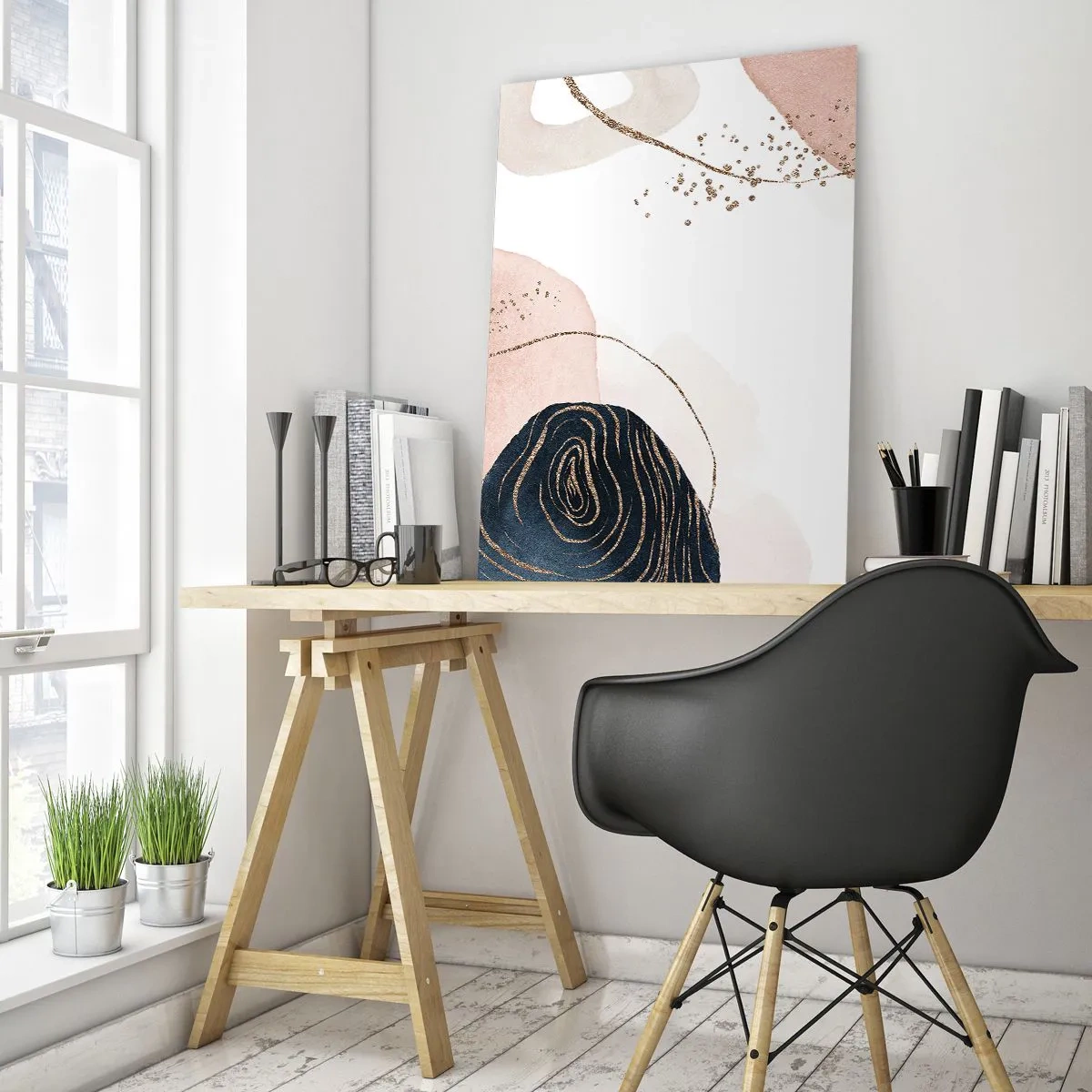 Cuadro sobre vidrio - Impresiones sobre Vidrio - Formas abstractas con acentos dorados - 50x70cm - Todo fluye - Decoración de pared moderna para salón y dormitorio ARTTOR