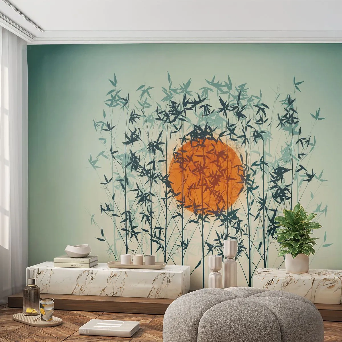 Fotomural Premium Canvas - Sol naranja entre las ramas de bambú. - 100x70cm - El sol de Japón - Decoración de pared moderna para salón y dormitorio ARTTOR