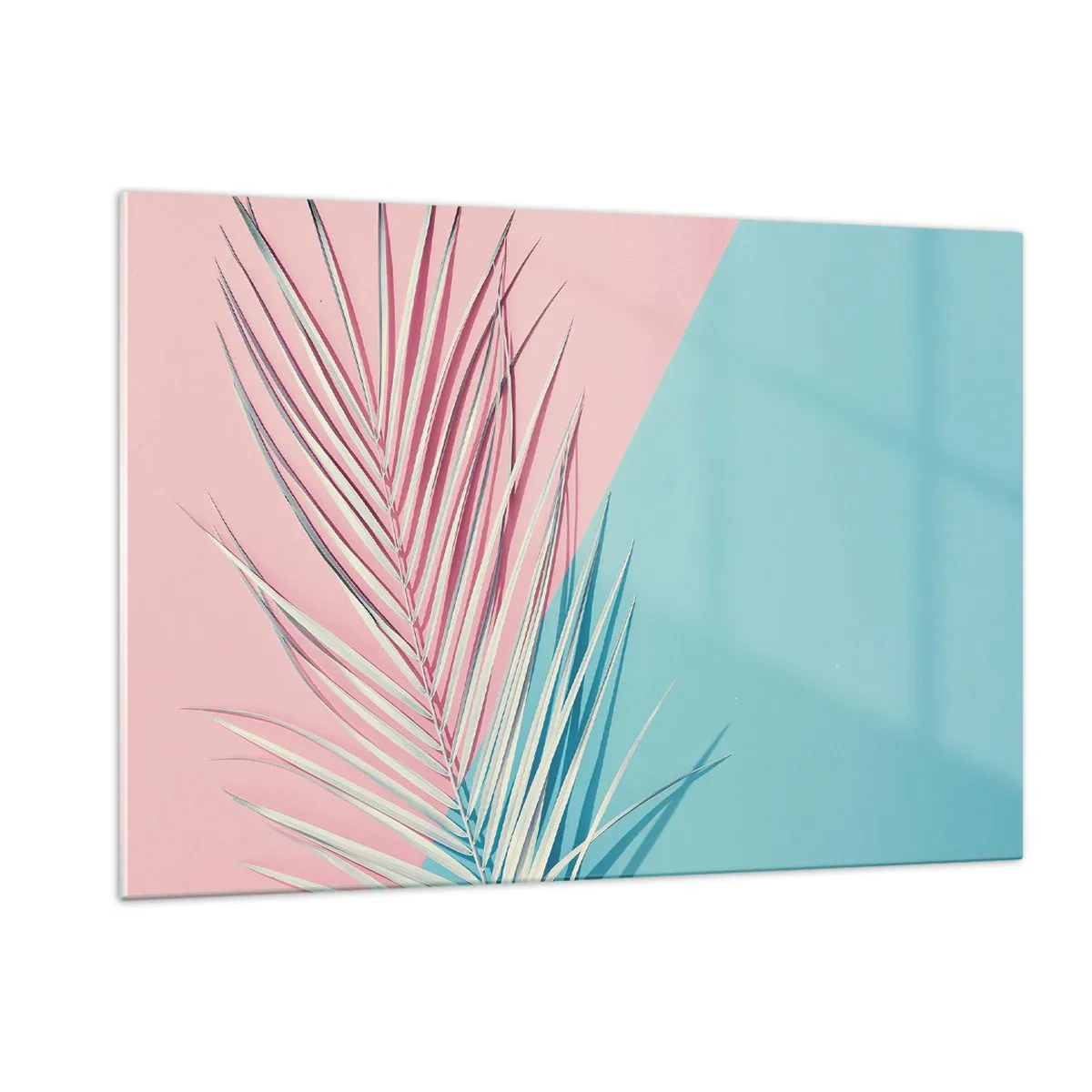 Cuadro sobre vidrio - Impresiones sobre Vidrio - Una hoja de palma sobre un fondo pastel en una composición geométrica. - 120x80cm - Impresión tropical - Decoración de pared moderna para salón y dormitorio ARTTOR