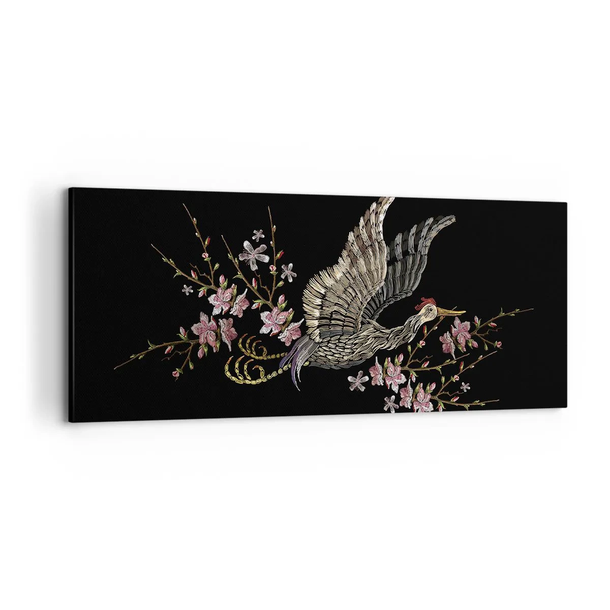 Cuadro sobre lienzo - Impresión de Imagen - Un pájaro en vuelo con flores sobre un fondo negro. - 120x50cm - Ave florida - Decoración de pared moderna para salón y dormitorio ARTTOR
