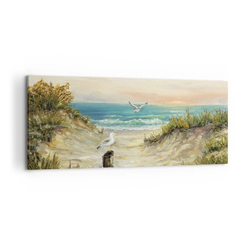 Cuadro sobre lienzo - Impresión de Imagen - Costa con gaviotas y dunas al atardecer - 120x50cm - Un retiro ventoso - Decoración de pared moderna para salón y dormitorio ARTTOR