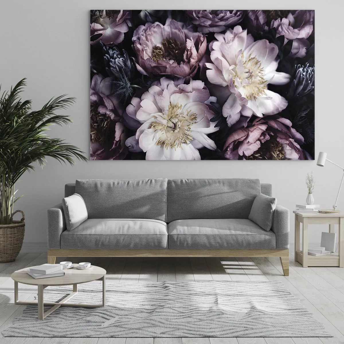 Cuadro sobre vidrio - Impresiones sobre Vidrio - Un romántico ramo de peonías en tonos púrpuras y rosas apagados. - 70x50cm - Un ramo a la antigua usanza - Decoración de pared moderna para salón y dormitorio ARTTOR