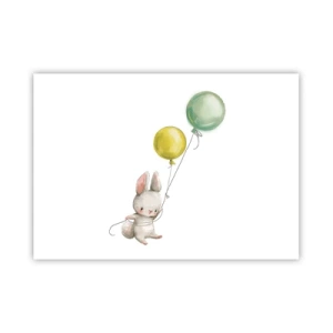 Póster - Un conejo sosteniendo globos de colores pastel. - 100x70cm - ¡Yo también volaré! - Decoración de pared moderna para salón y dormitorio ARTTOR