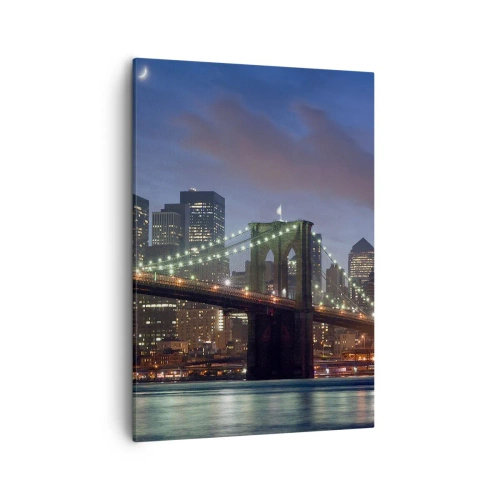 Cuadro sobre lienzo - Impresión de Imagen - Puente de la ciudad de Nueva York de noche con edificios iluminados - 50x70cm - Una noche iluminada - Decoración de pared moderna para salón y dormitorio ARTTOR
