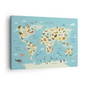 Cuadro sobre lienzo - Impresión de Imagen - Mapa del mundo con ilustraciones de animales - 70x50cm - Buenos vecinos - Decoración de pared moderna para salón y dormitorio ARTTOR