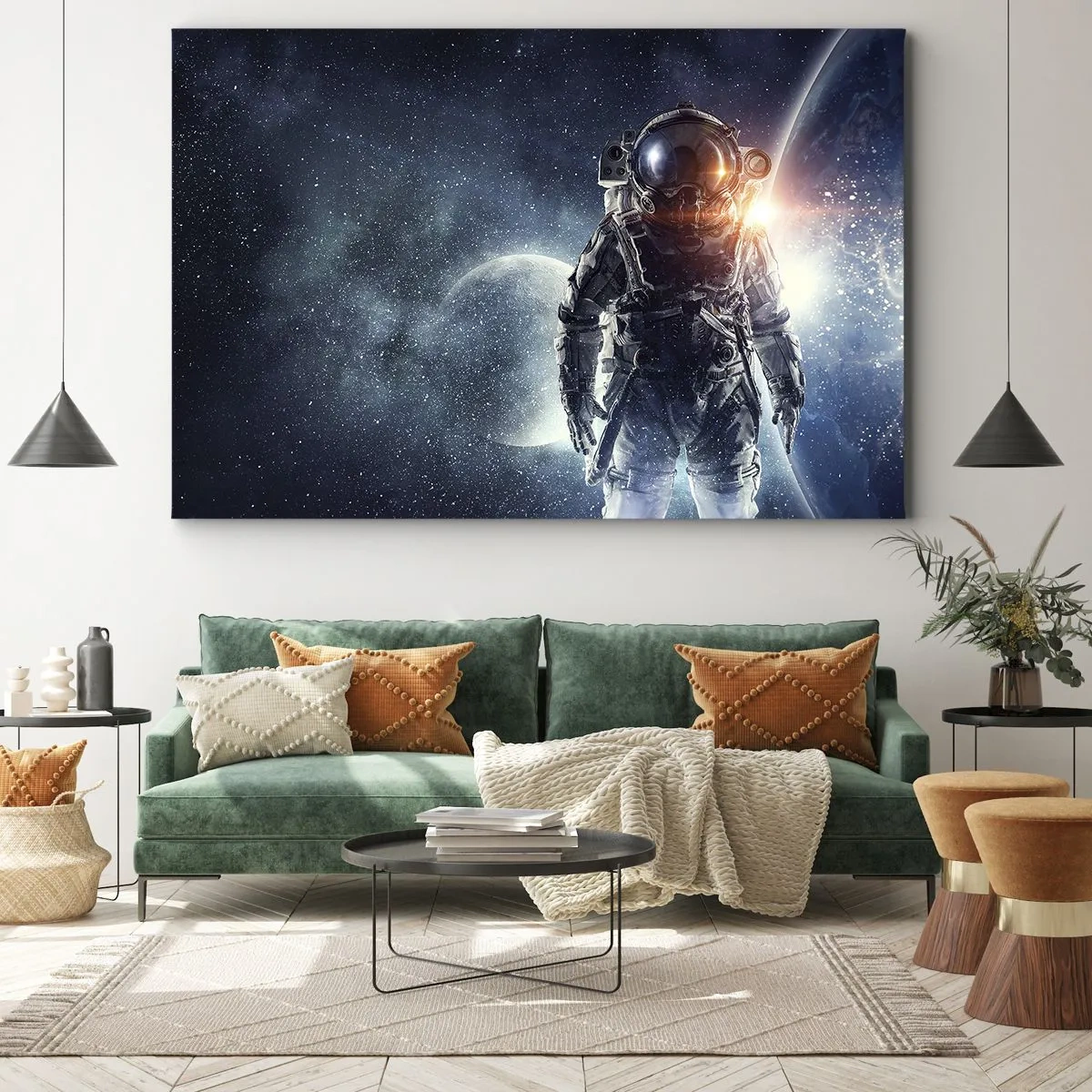 Cuadro sobre lienzo - Impresión de Imagen - Astronauta con el espacio y el planeta Tierra como telón de fondo - 70x50cm - Una aventura cósmica - Decoración de pared moderna para salón y dormitorio ARTTOR
