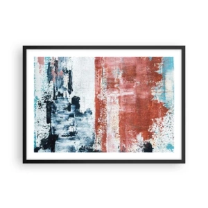 Póster en marco negro - Abstracción en colores blanco, azul y ladrillo. - 70x50cm - Mitad abstracción, mitad abstracción - Decoración de pared moderna para salón y dormitorio ARTTOR