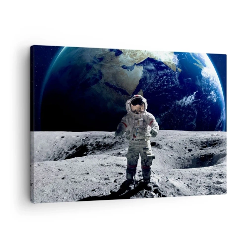 Cuadro sobre lienzo - Impresión de Imagen - Astronauta en la superficie de la Luna con la Tierra al fondo - 70x50cm - Saludos desde la Luna - Decoración de pared moderna para salón y dormitorio ARTTOR