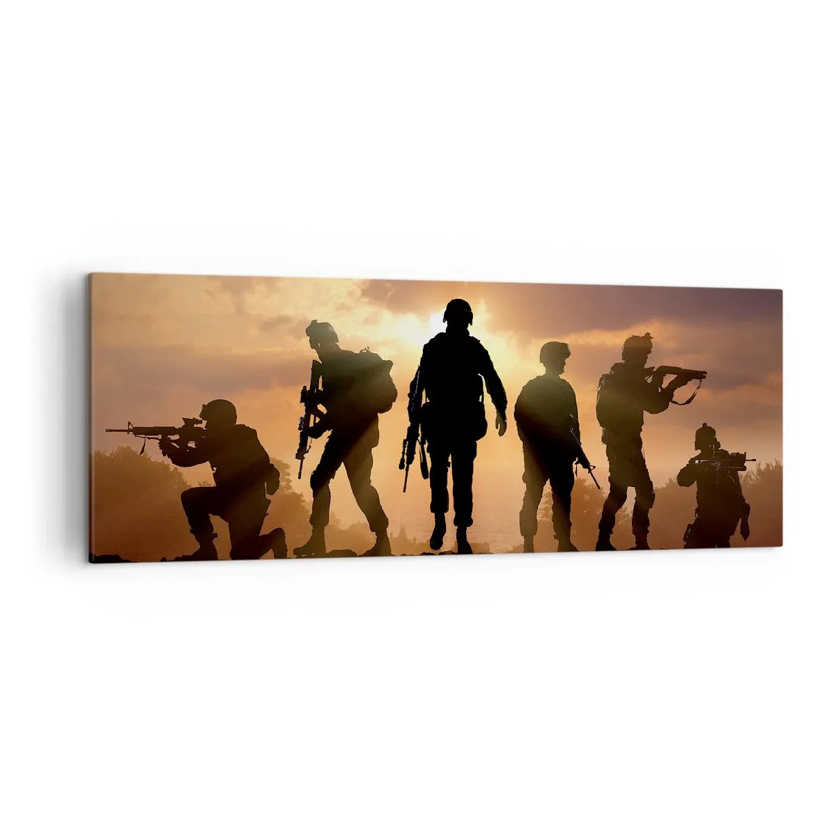 Cuadro sobre lienzo - Impresión de Imagen - Soldados con el sol poniente como telón de fondo en un entorno dinámico. - 140x50cm - Hermanos de armas - Decoración de pared moderna para salón y dormitorio ARTTOR