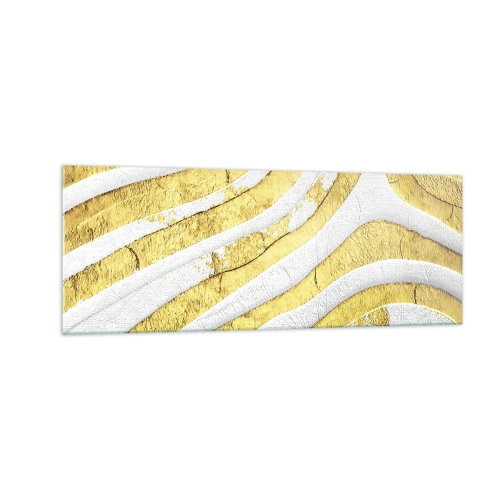 Cuadro sobre vidrio - Impresiones sobre Vidrio - Líneas abstractas doradas y blancas en una textura 3D - 140x50cm - Una composición en blanco y oro - Decoración de pared moderna para salón y dormitorio ARTTOR