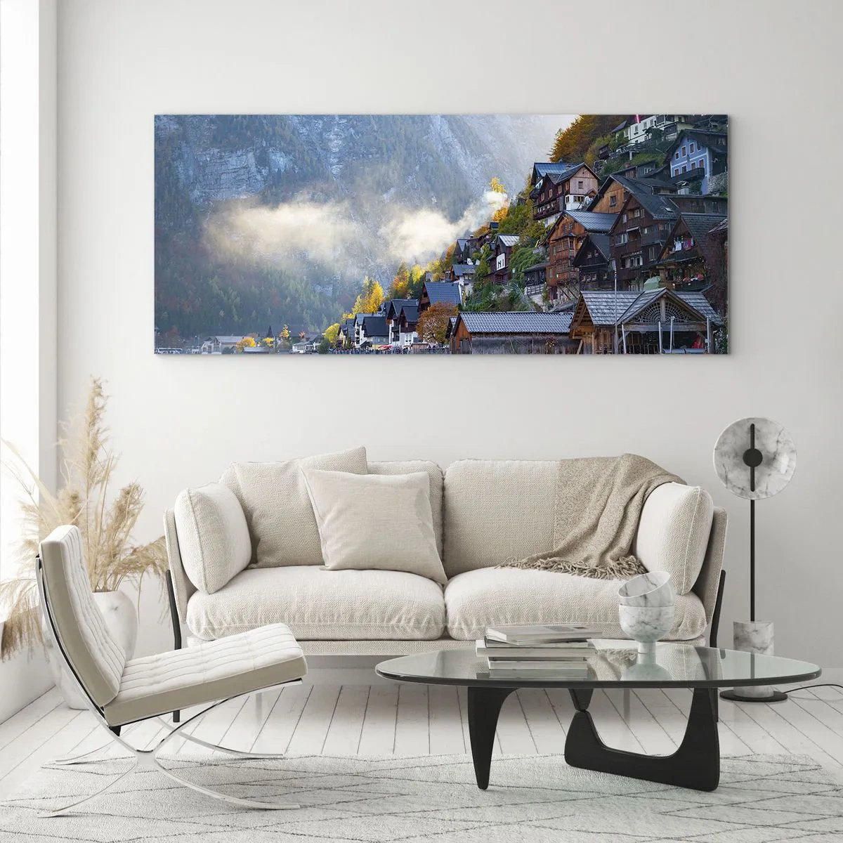 Cuadro sobre vidrio - Impresiones sobre Vidrio - Un pueblo de montaña junto a un lago en un paisaje otoñal. - 160x50cm - Ambiente alpino - Decoración de pared moderna para salón y dormitorio ARTTOR