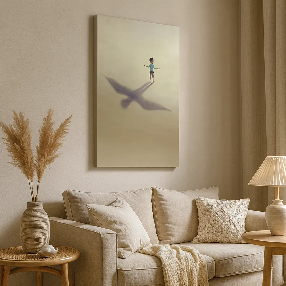 Cuadro sobre lienzo - Impresión de Imagen - Una figura simbólica de un niño con la sombra de un pájaro sobre un fondo de tonos cálidos. - 50x70cm - Héroe del futuro - Decoración de pared moderna para salón y dormitorio ARTTOR