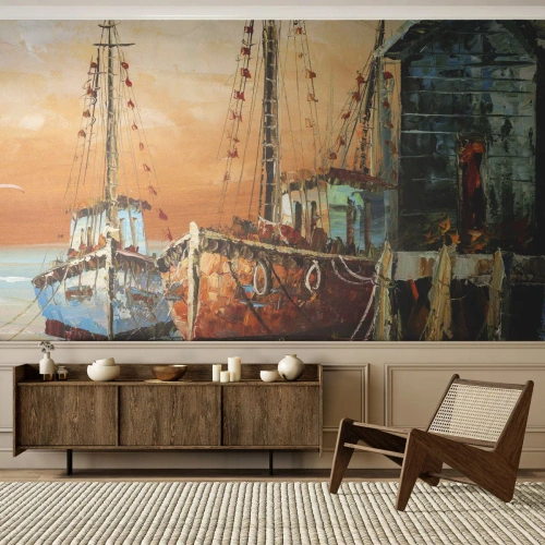 Fotomural Premium Sand - Un pintoresco puerto deportivo con barcos de pesca. - 100x70cm - Regreso pacífico - Decoración de pared moderna para salón y dormitorio ARTTOR