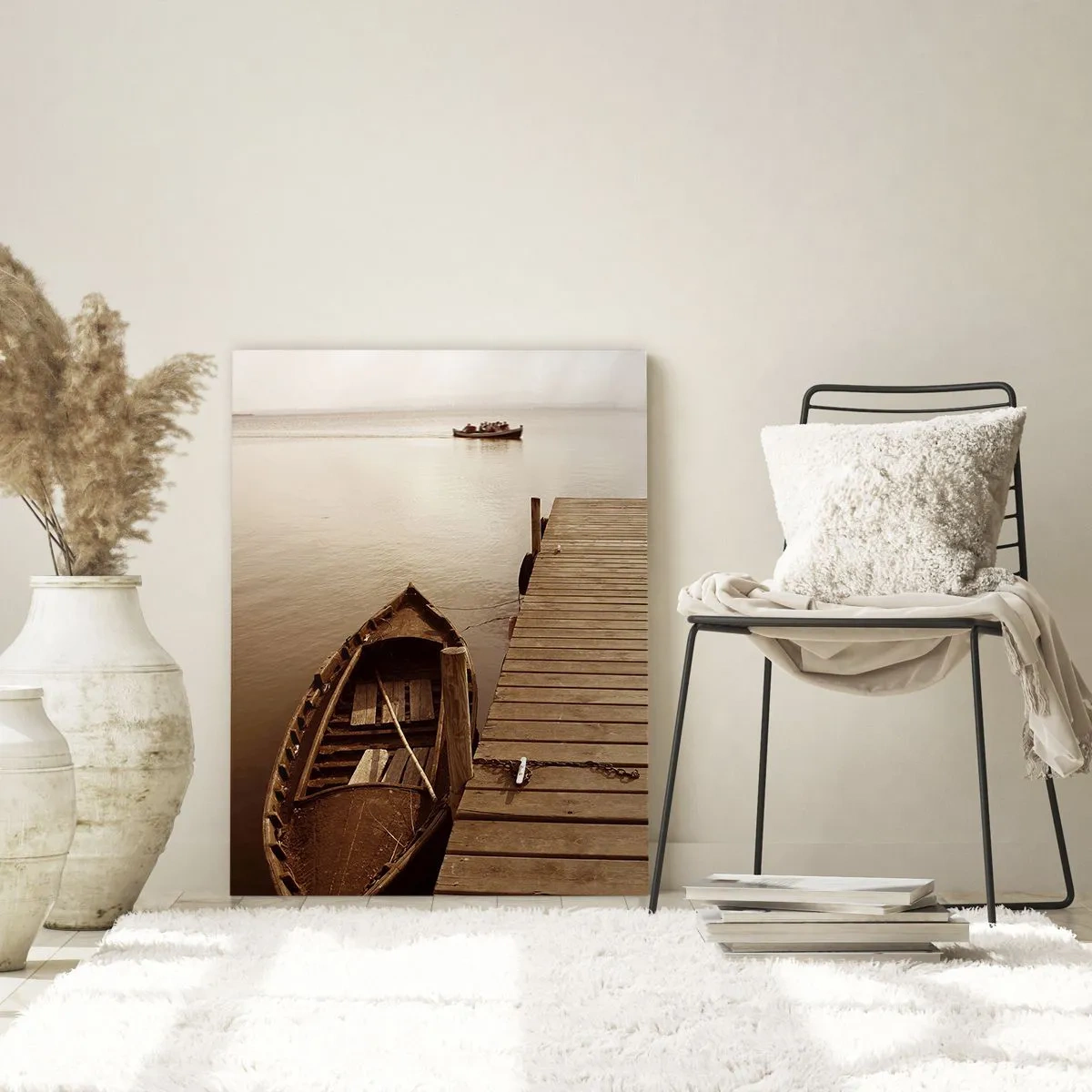 Cuadro sobre vidrio - Impresiones sobre Vidrio - Un barco en un muelle en un lago tranquilo en sepia. - 50x70cm - La auténtica paz - Decoración de pared moderna para salón y dormitorio ARTTOR