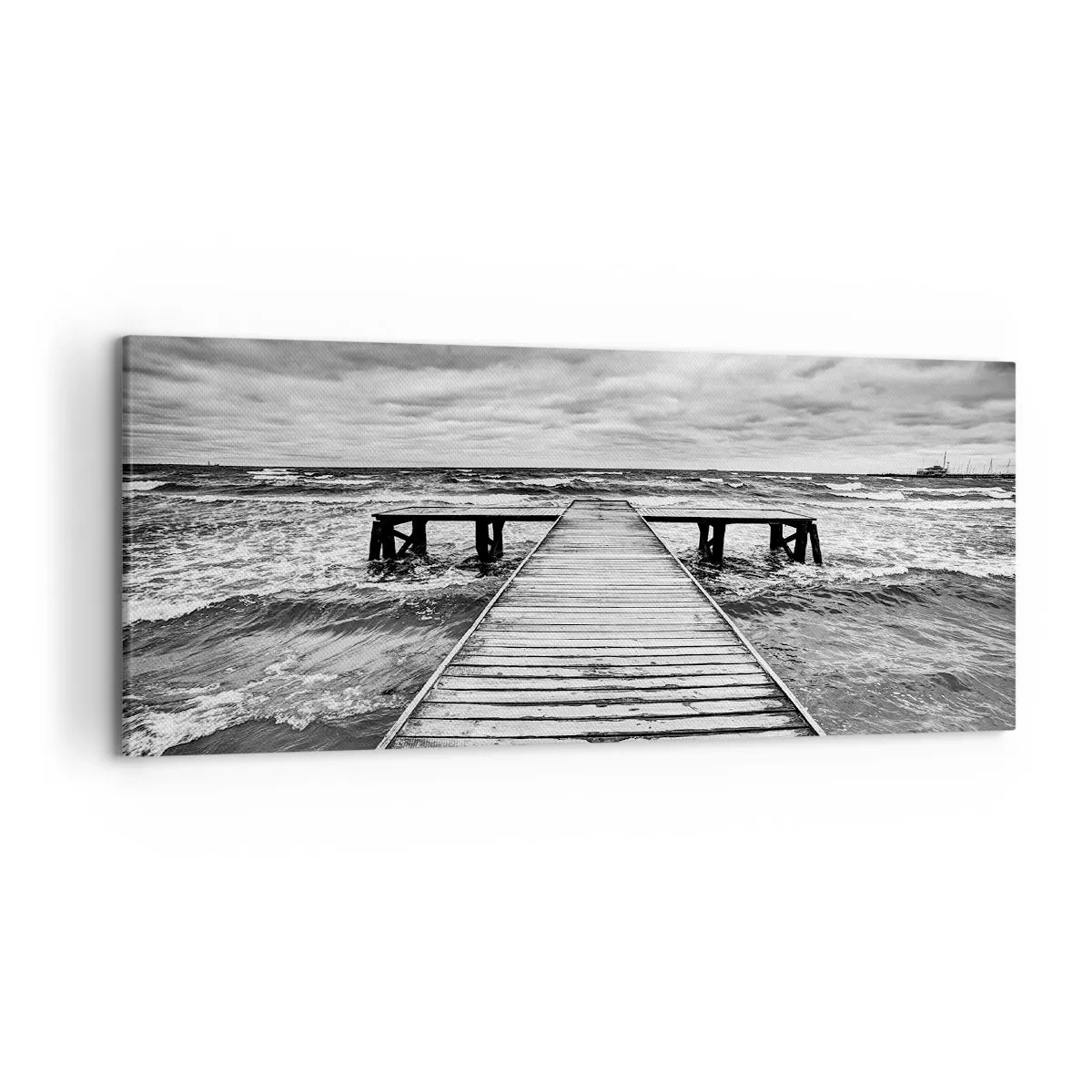 Cuadro sobre lienzo - Impresión de Imagen - Una vista en blanco y negro de un embarcadero de madera sobre un mar tempestuoso. - 120x50cm - Estoy esperando que sople el viento... - Decoración de pared moderna para salón y dormitorio ARTTOR