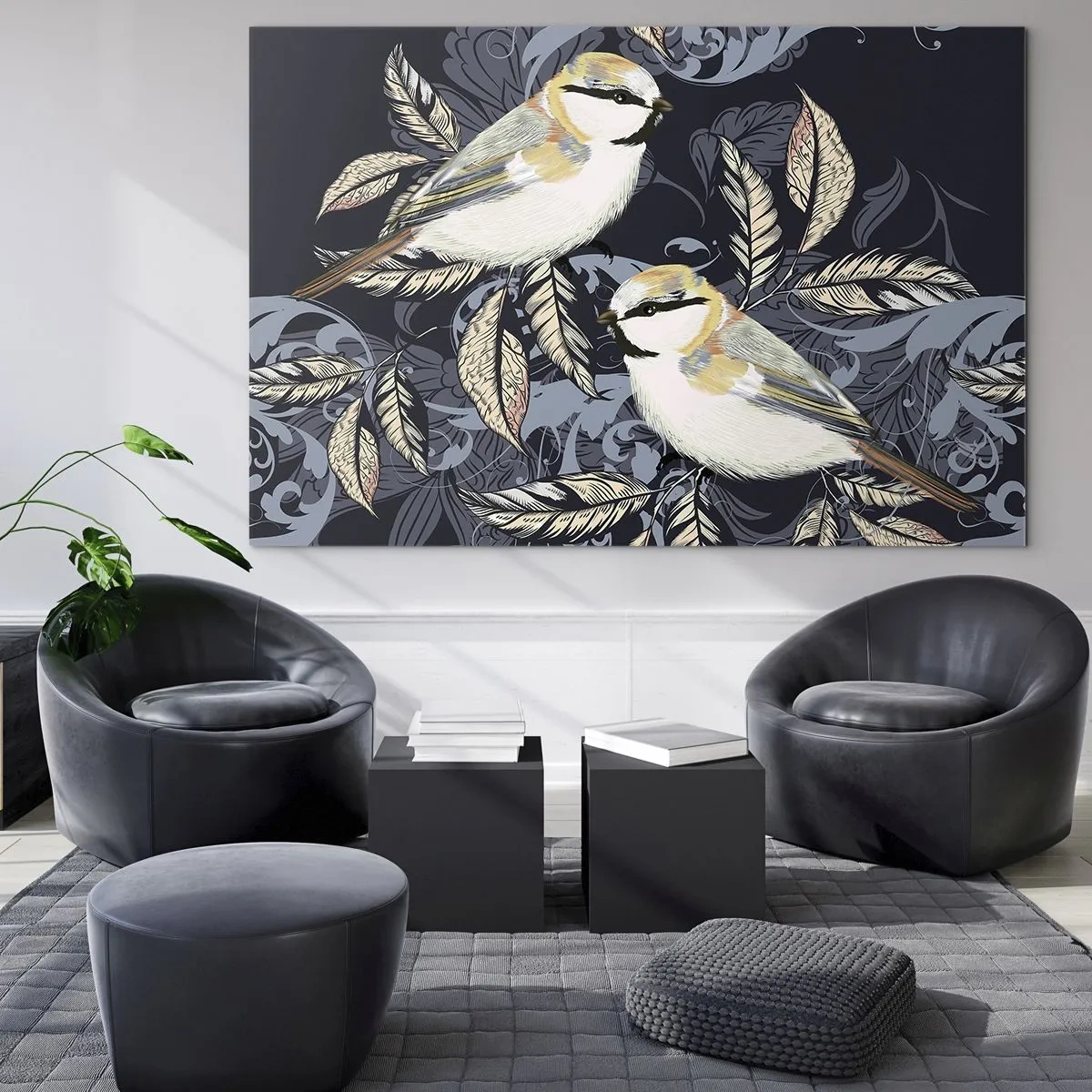 Cuadro sobre vidrio - Impresiones sobre Vidrio - Ilustración de dos pájaros sobre un fondo oscuro con adornos. - 70x50cm - En la copa del árbol - Decoración de pared moderna para salón y dormitorio ARTTOR